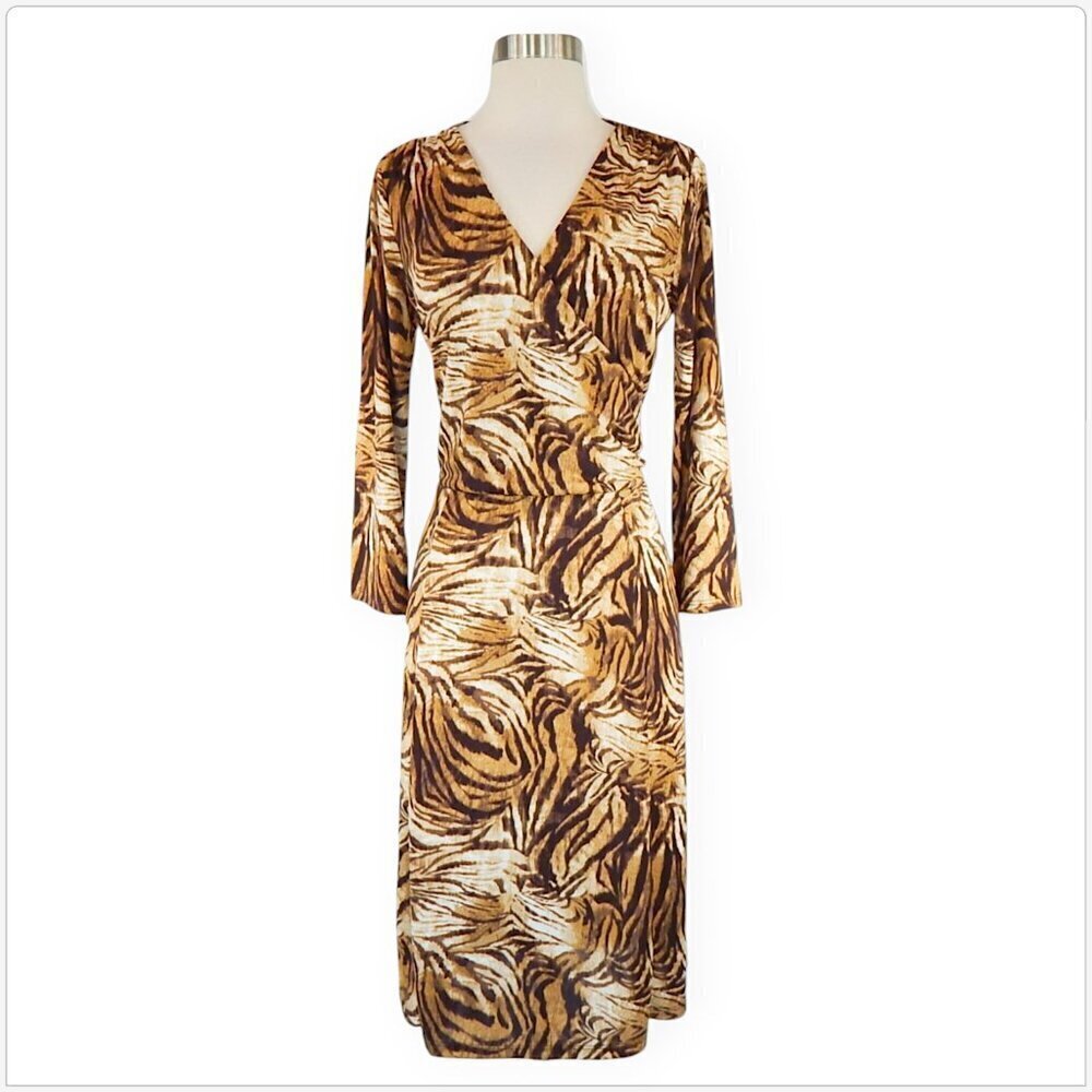 Jones NY New York Brown Tones Animal Print Stretch Jersey Wrap Look Dress M